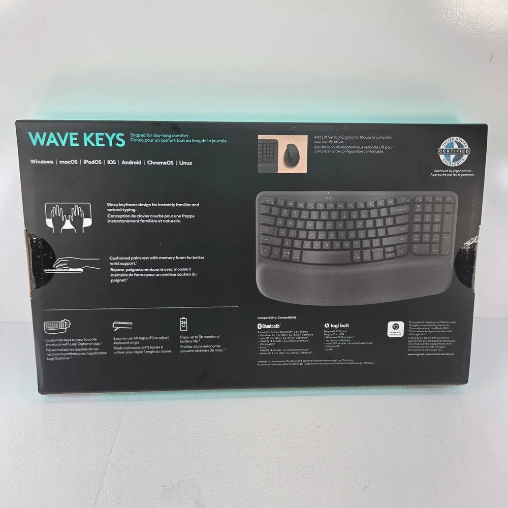 Logitech Wave Keys Wireless Ergonomic Keyboard Bluetooth Logi Bolt Graphite Blk